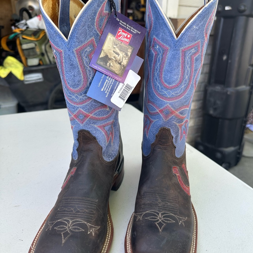 Tony Lama Blue and Brown Cowboy Boots with Decorative Stitching